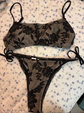 NWT aerie Black Floral Mesh Bikini Set